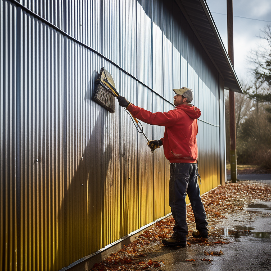 A person cleaning aluminum siding with a sponge