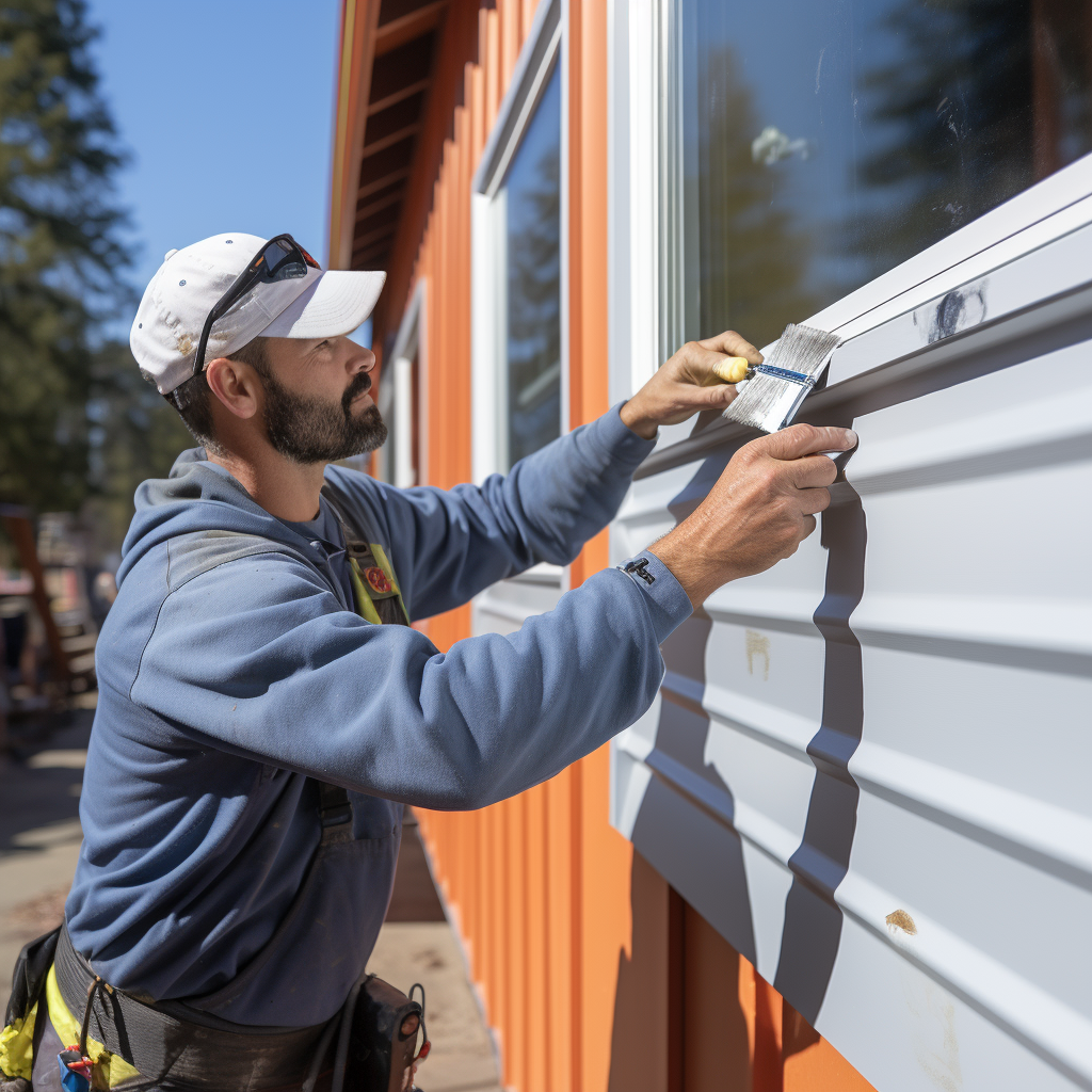 A person painting aluminum siding with a brush