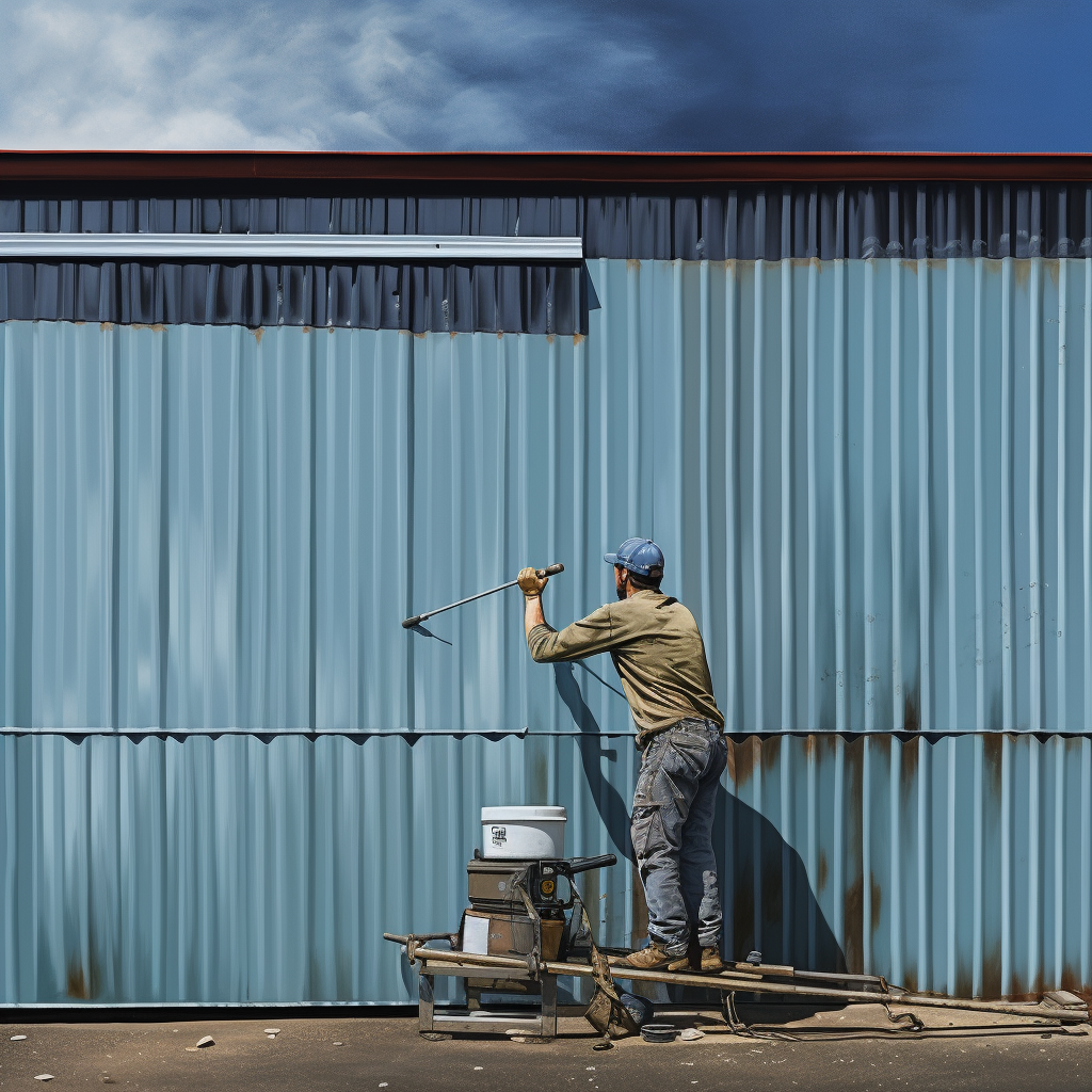 A person painting aluminum siding with a roller