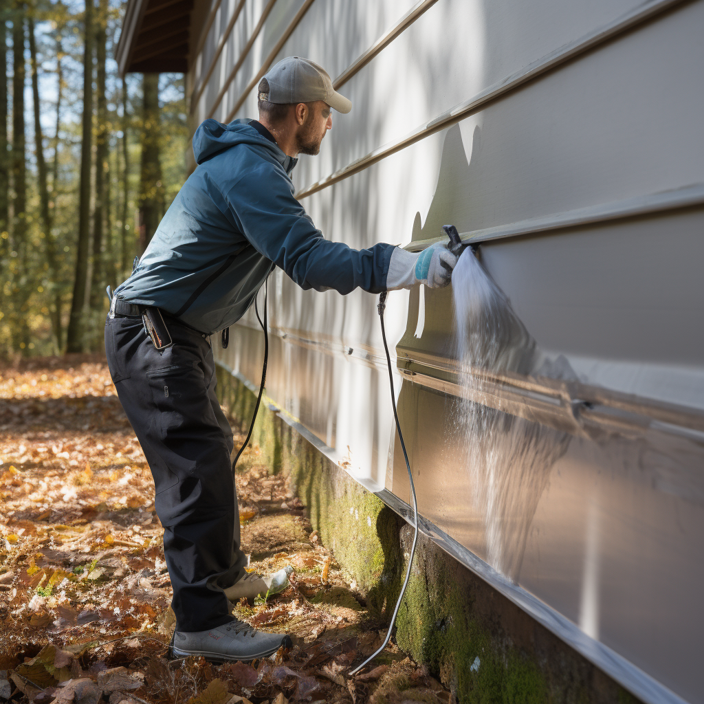 person cleaning the surface of siding with a cleaning solution, preparing it for painting. 