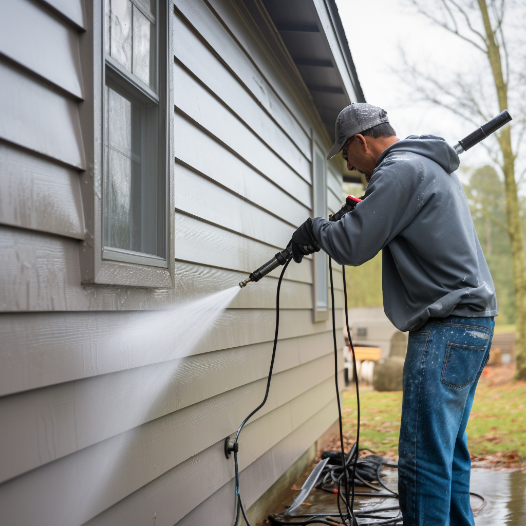 A person cleaning siding with a pressure washer