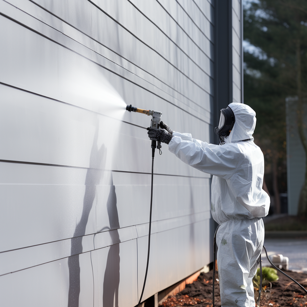 A person spraying paint on aluminum siding