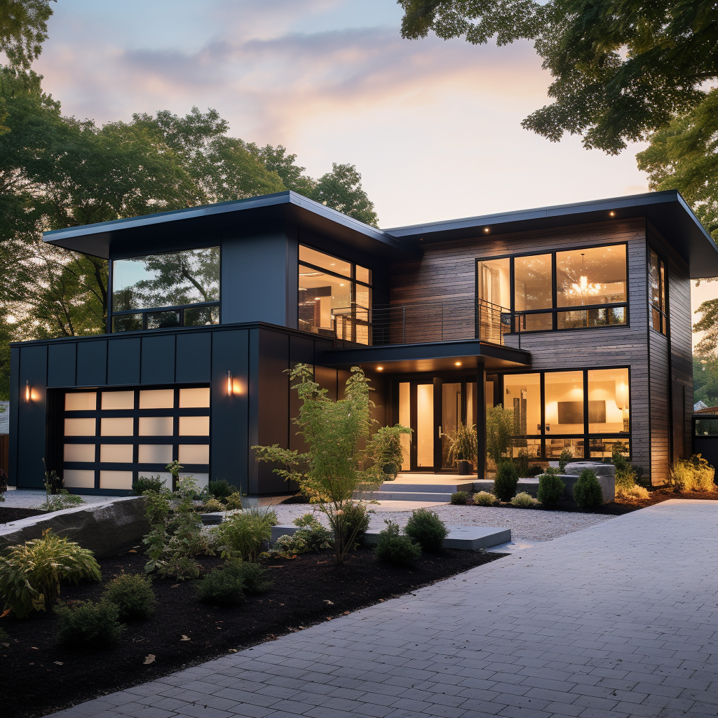 nice modern house in dusk with hardie siding